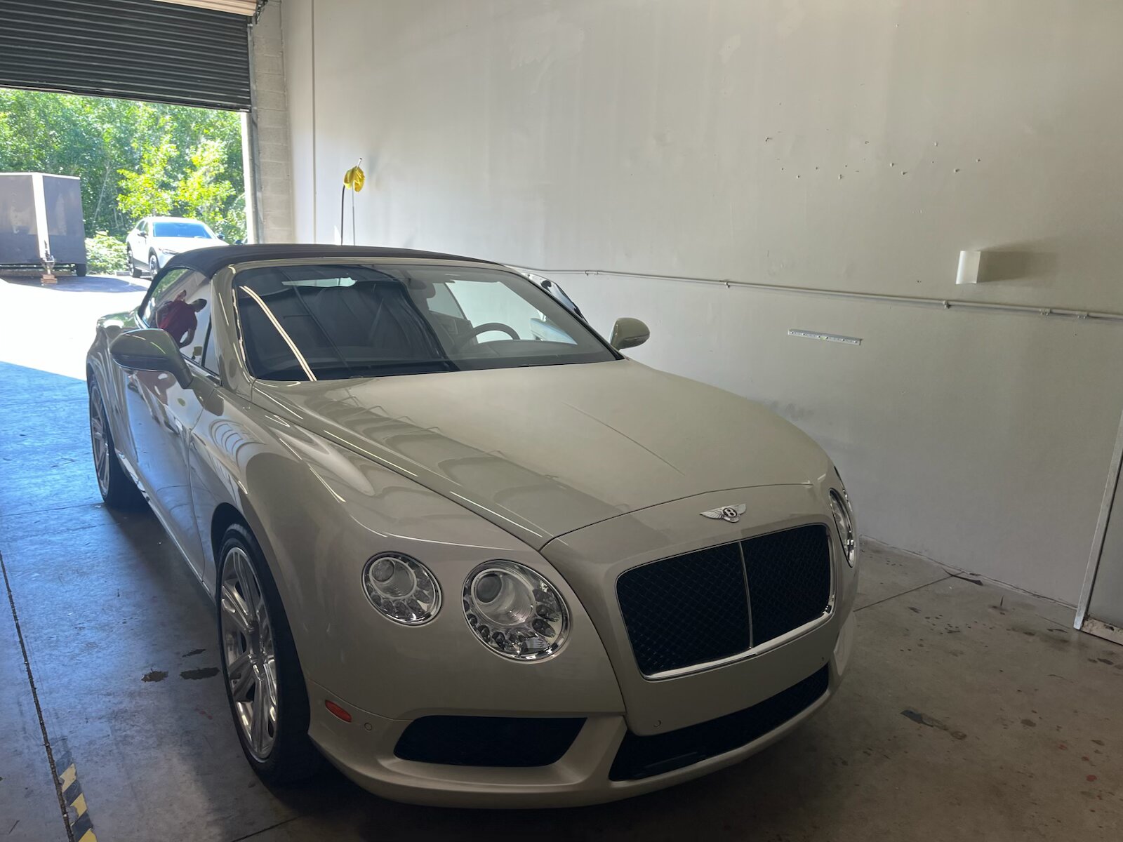 Pearl white Bentley Continental GTC convertible at Tamiami Tint of Naples shop for window tinting
